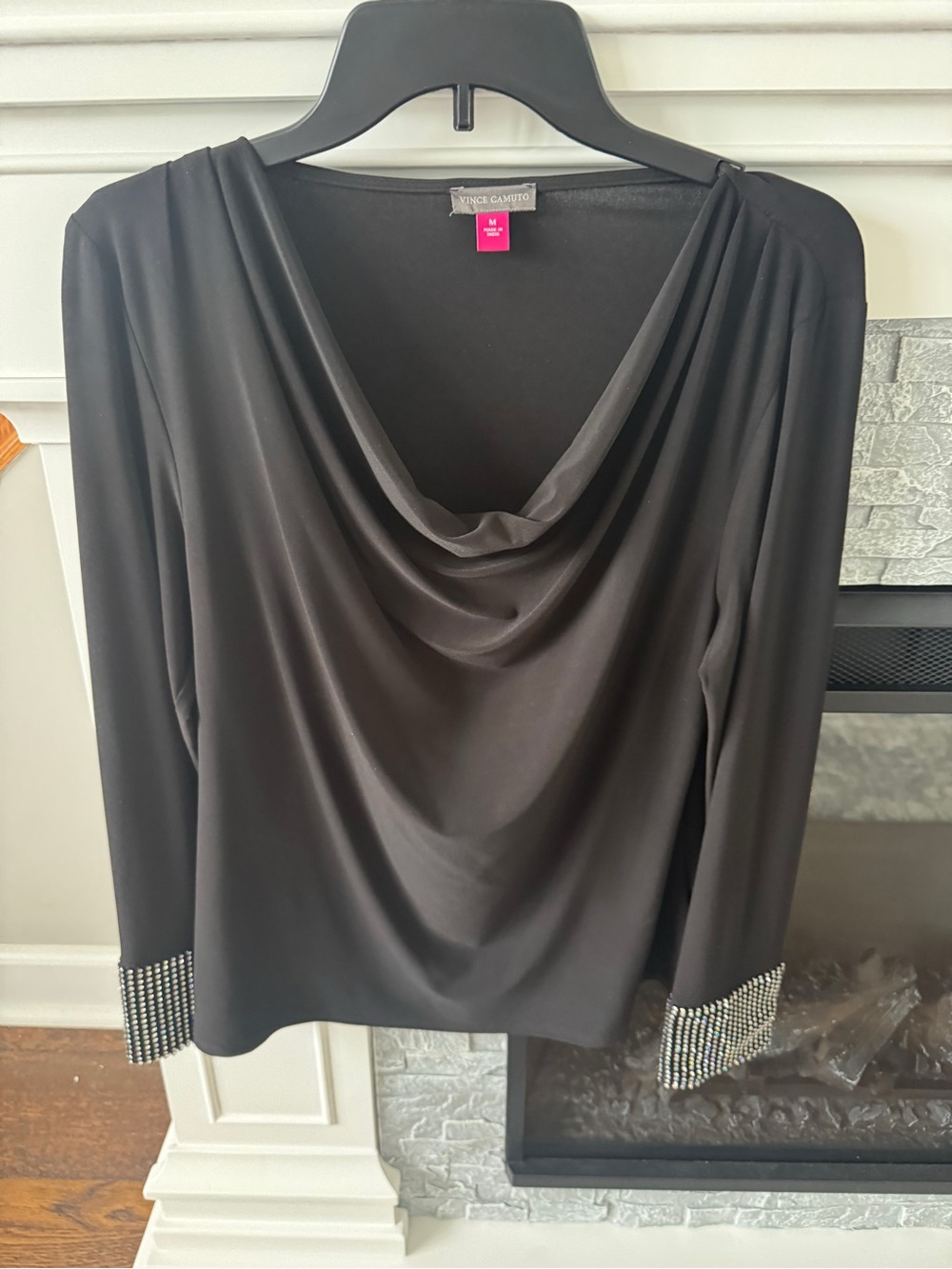 Vince Camuto cowl neck blouse black with embellished sleeves rhinestones